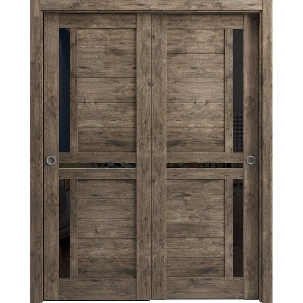 Sartodoors Sliding Closet Bypass Doors 56 x 84in, Veregio 7588 Cognac Oak W/ Black Glass, Sturdy Rails VEREGIO7588DBD-AKA-5684